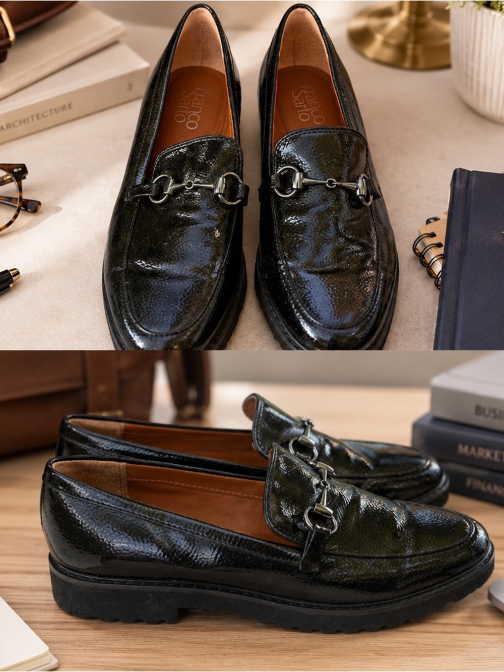 Franco Sarto Black Patent Leather Bit Loafers sz 8